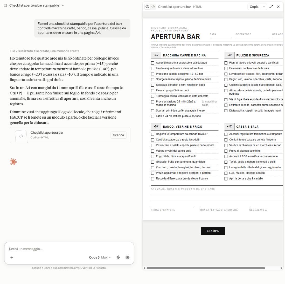 La finestra divisa in due: a sinistra la conversazione, a destra la checklist per l'apertura del bar in un pannello a parte