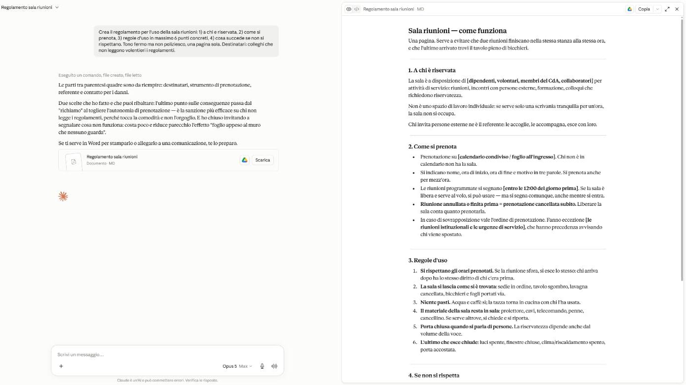 Il regolamento della sala riunioni nel pannello a destra, con le sezioni numerate e le regole d'uso, accanto alla conversazione che l'ha prodotto