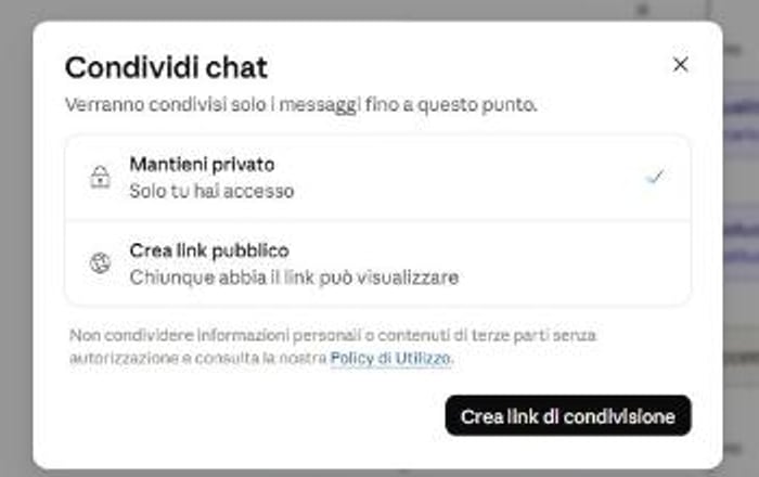 Il pannello di condivisione di una conversazione: la scelta fra mantenere privato e creare un link pubblico, con l'avviso che vengono condivisi solo i messaggi fino a quel punto