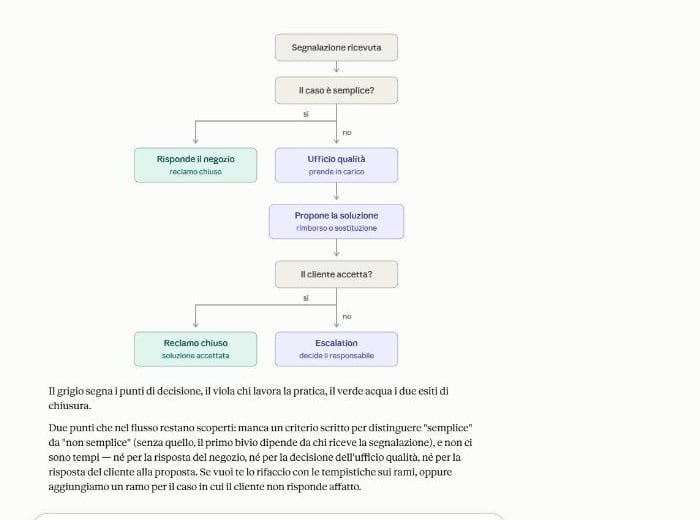 Il diagramma del processo reclami con i bivi e i due esiti, e sotto il testo che segnala i due punti scoperti del flusso