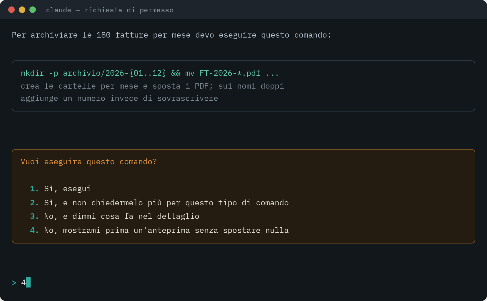 Terminale: Claude Code mostra il comando che vuole eseguire e le quattro scelte possibili, fra cui rifiutare o chiedere un'anteprima