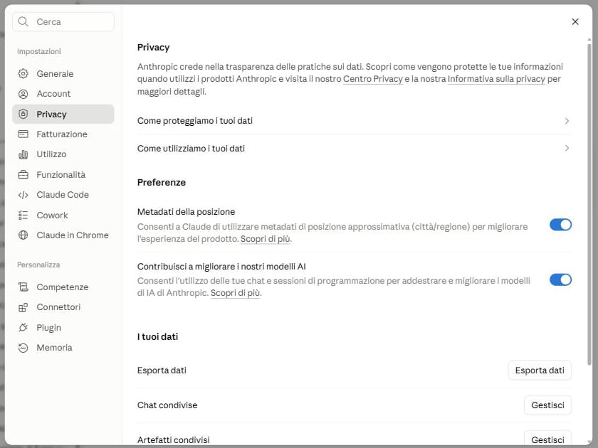 Il pannello Privacy nelle impostazioni: preferenze sui metadati di posizione e sul contributo al miglioramento dei modelli, ed esportazione dei dati