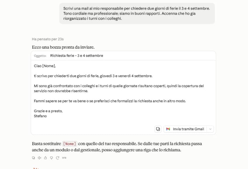 La richiesta con contesto e la mail pronta prodotta da Claude, con oggetto e testo completi