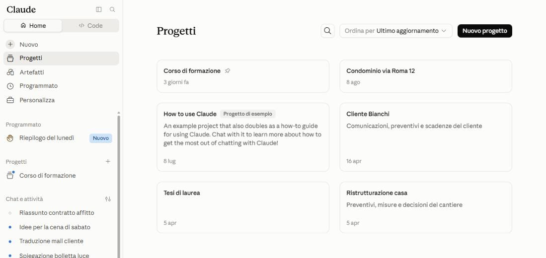La pagina Progetti con alcune schede: corso di formazione, condominio, cliente, tesi di laurea, ristrutturazione