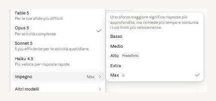 Il menu del modello con la voce «Impegno» aperta: i cinque livelli — basso, medio, alto (predefinito), extra, max — e la spiegazione che uno sforzo maggiore dà risposte più approfondite ma consuma i limiti più in fretta