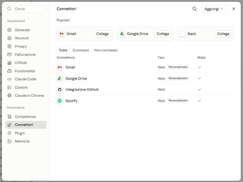 Il pannello Connettori nelle impostazioni, con Gmail, Google Drive e Slack da collegare e l'elenco di quelli attivi