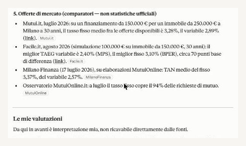 Una risposta di ricerca con i numeri datati e le fonti citate riga per riga, seguita da una sezione «Le mie valutazioni» che dichiara dove finisce ciò che risulta dalle fonti